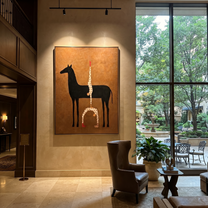 Inverted Stars Meet Horse - horse acrobat painting by Isabelle Laurent, modern Western vertical wall art – styled room scene view 3