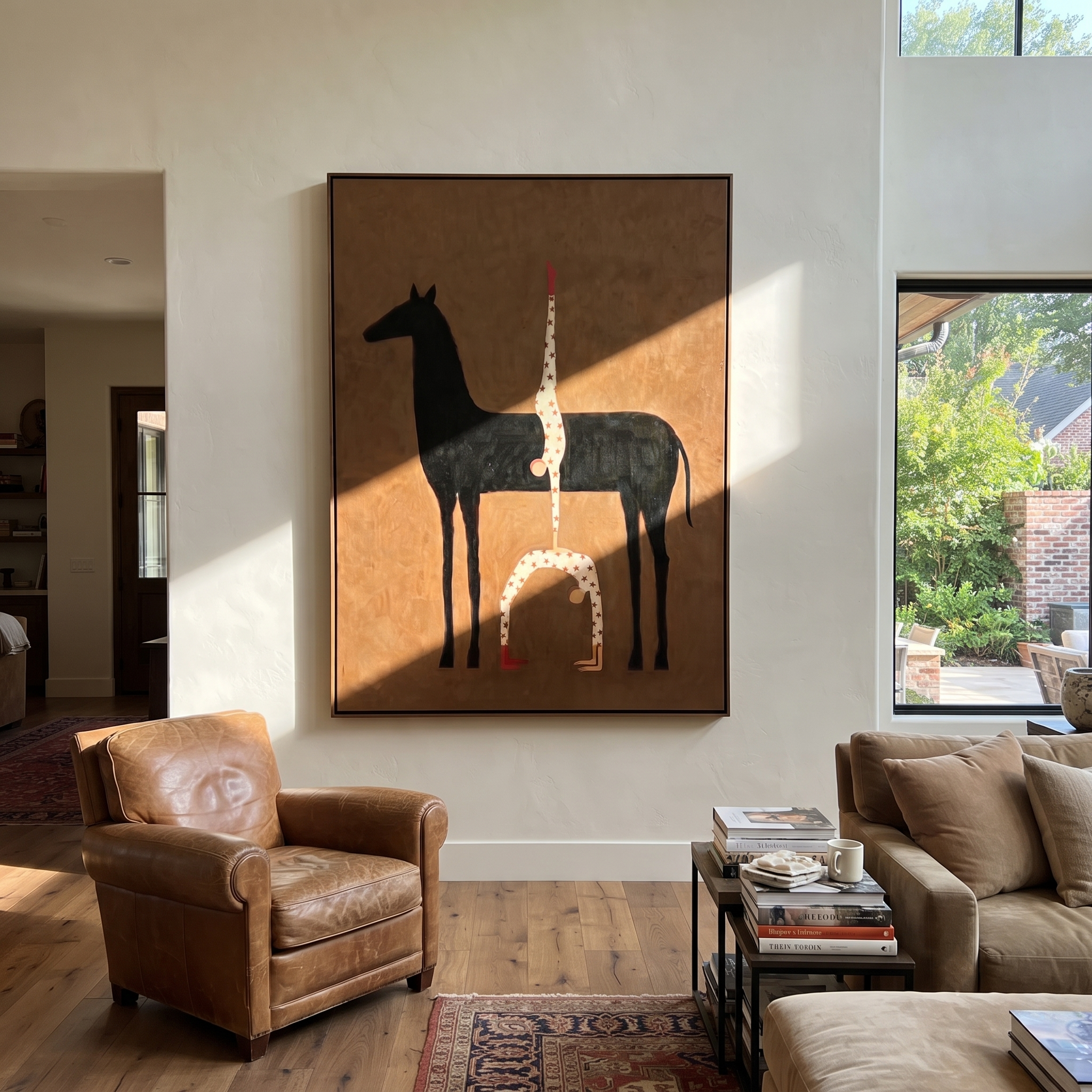 Inverted Stars Meet Horse - horse acrobat painting by Isabelle Laurent, modern Western vertical wall art – styled room scene view 4