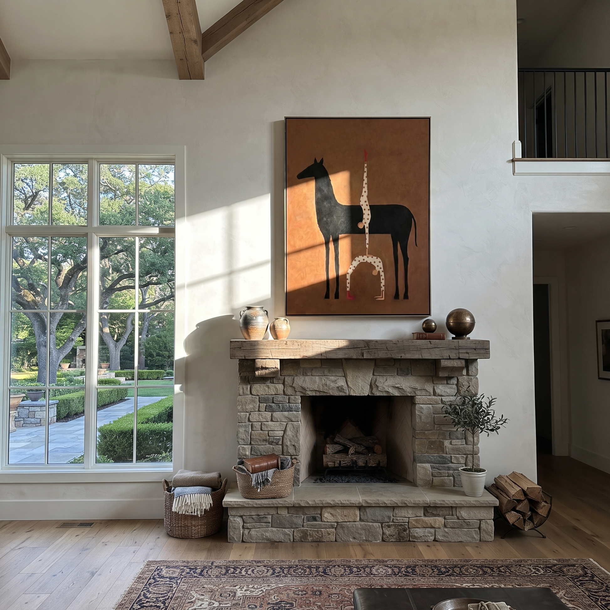 Inverted Stars Meet Horse - horse acrobat painting by Isabelle Laurent, modern Western vertical wall art – styled room scene view 5