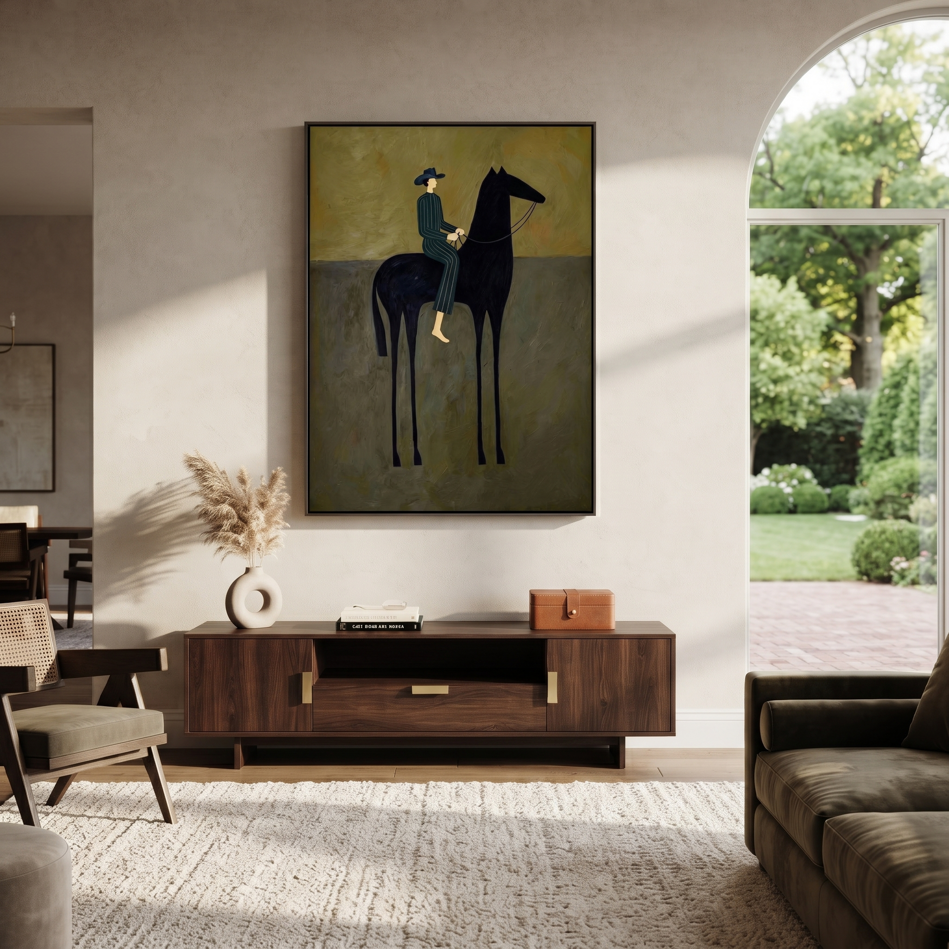 Green Stripes Ride Midnight - striped rider black horse painting by Isabelle Laurent, modern Western vertical wall art – styled room scene view 1
