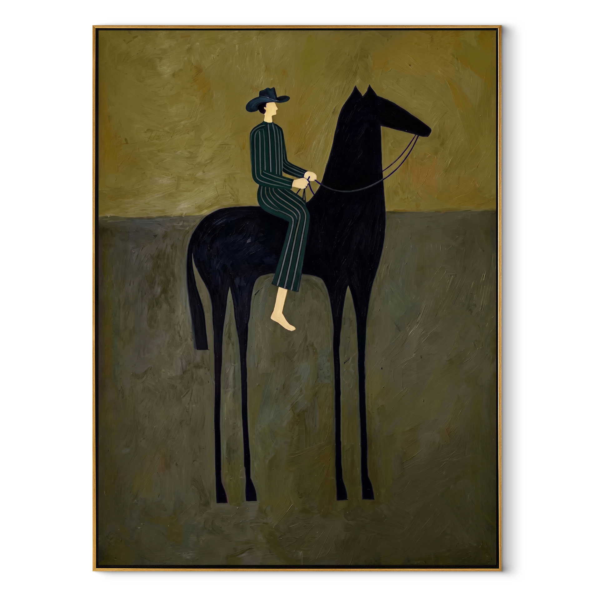 Green Stripes Ride Midnight - striped rider black horse painting by Isabelle Laurent, modern Western vertical wall art – wood frame on white background
