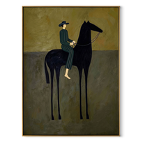Green Stripes Ride Midnight - striped rider black horse painting by Isabelle Laurent, modern Western vertical wall art – wood frame on white background