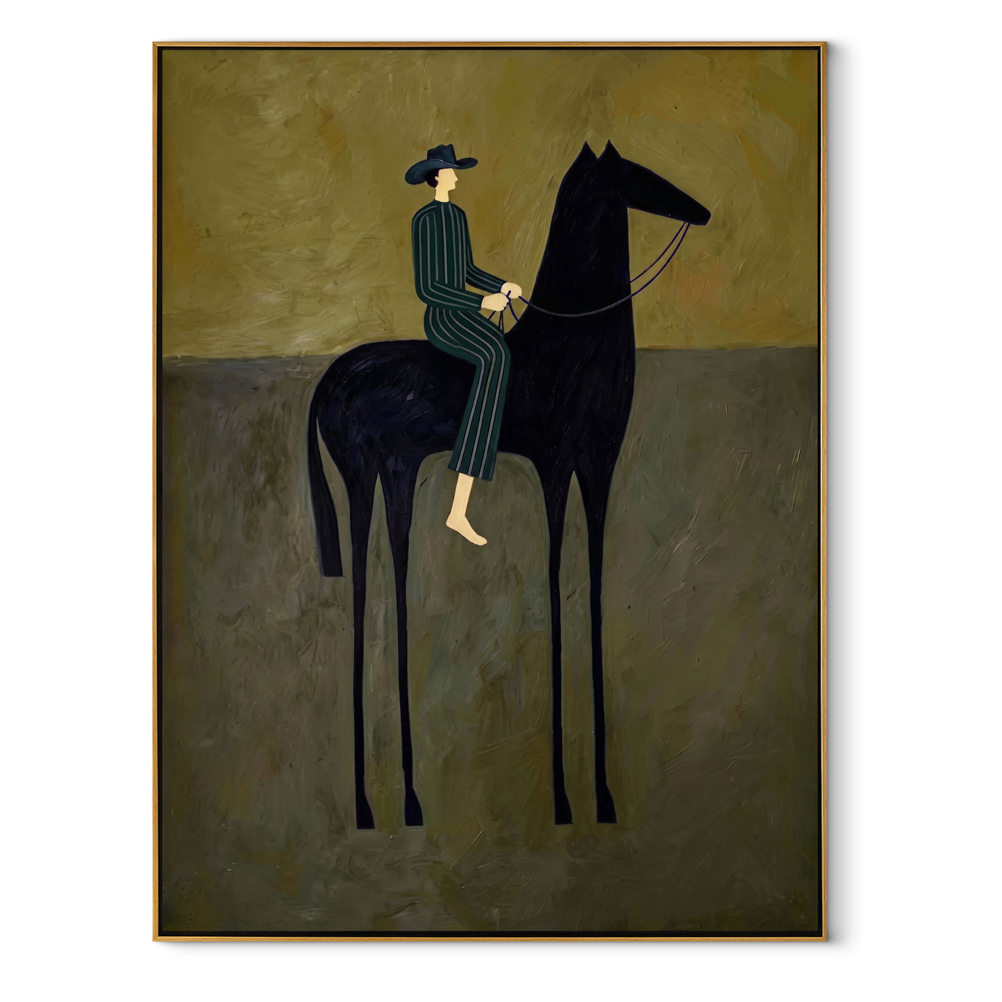 Green Stripes Ride Midnight - striped rider black horse painting by Isabelle Laurent, modern Western vertical wall art – wood frame on white background