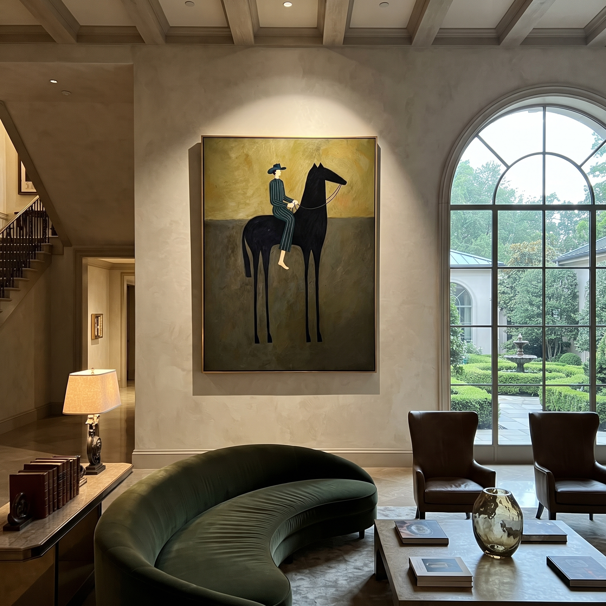 Green Stripes Ride Midnight - striped rider black horse painting by Isabelle Laurent, modern Western vertical wall art – styled room scene view 2