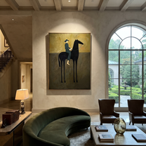 Green Stripes Ride Midnight - striped rider black horse painting by Isabelle Laurent, modern Western vertical wall art – styled room scene view 2