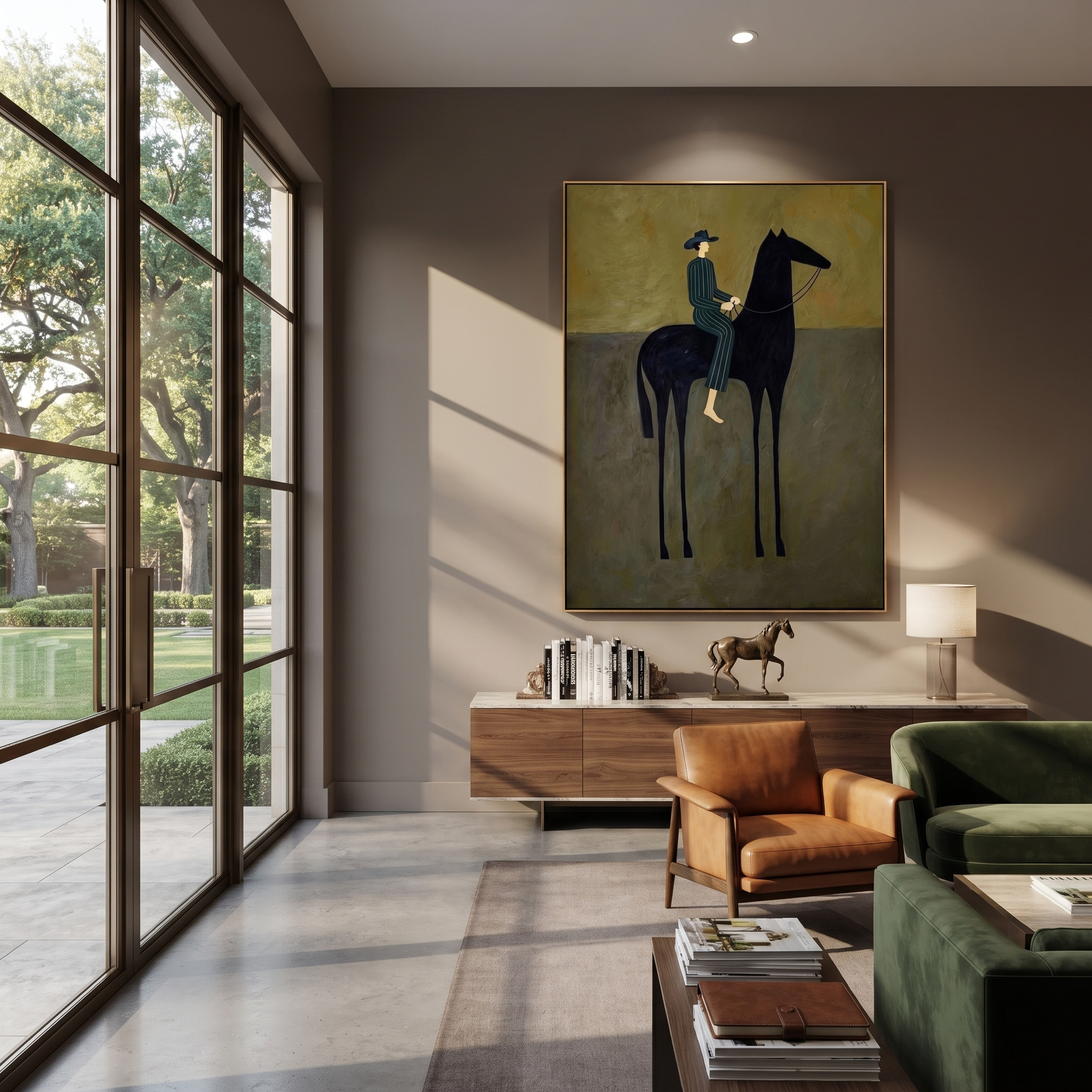 Green Stripes Ride Midnight - striped rider black horse painting by Isabelle Laurent, modern Western vertical wall art – styled room scene view 3