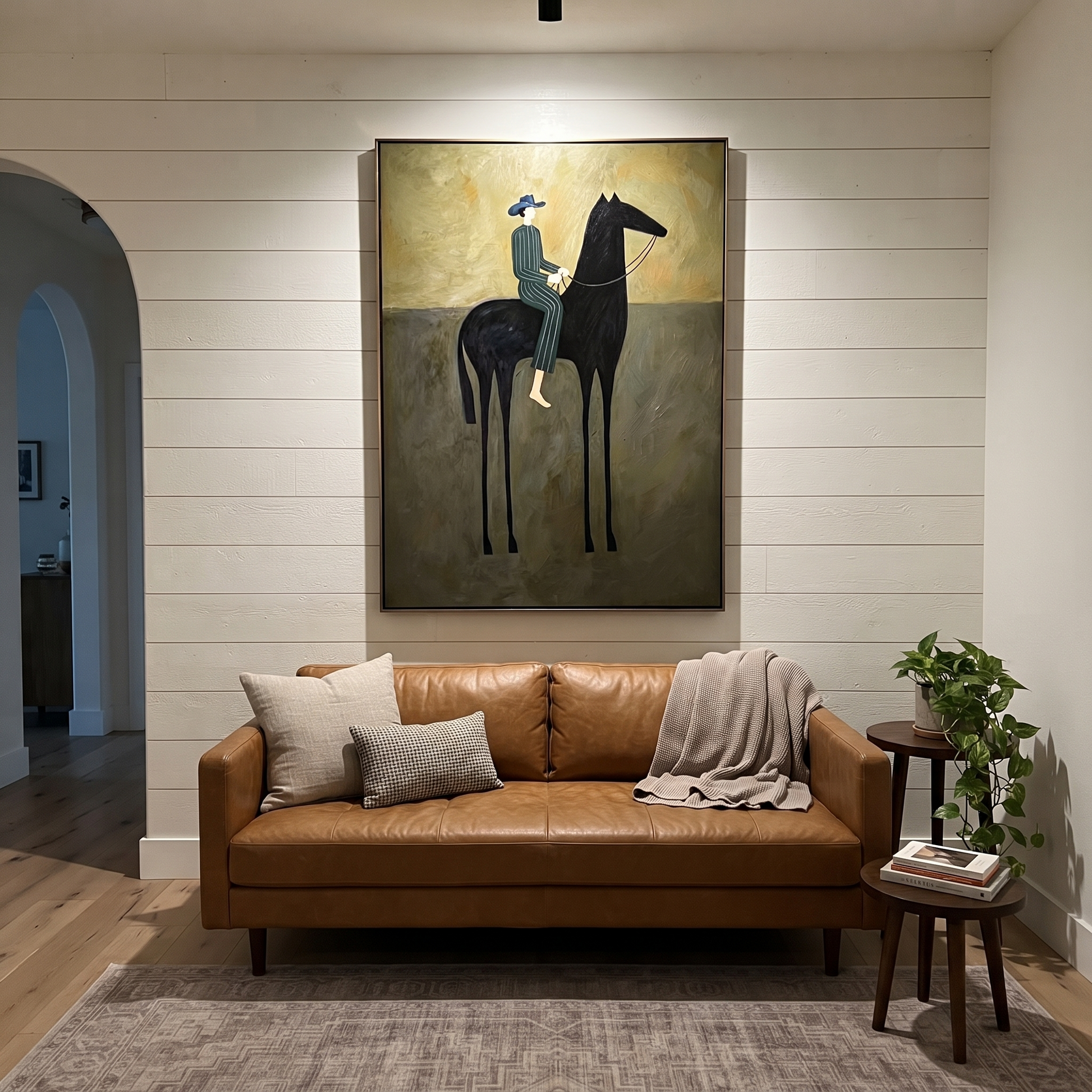 Green Stripes Ride Midnight - striped rider black horse painting by Isabelle Laurent, modern Western vertical wall art – styled room scene view 4