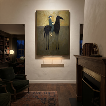 Green Stripes Ride Midnight - striped rider black horse painting by Isabelle Laurent, modern Western vertical wall art – styled room scene view 5