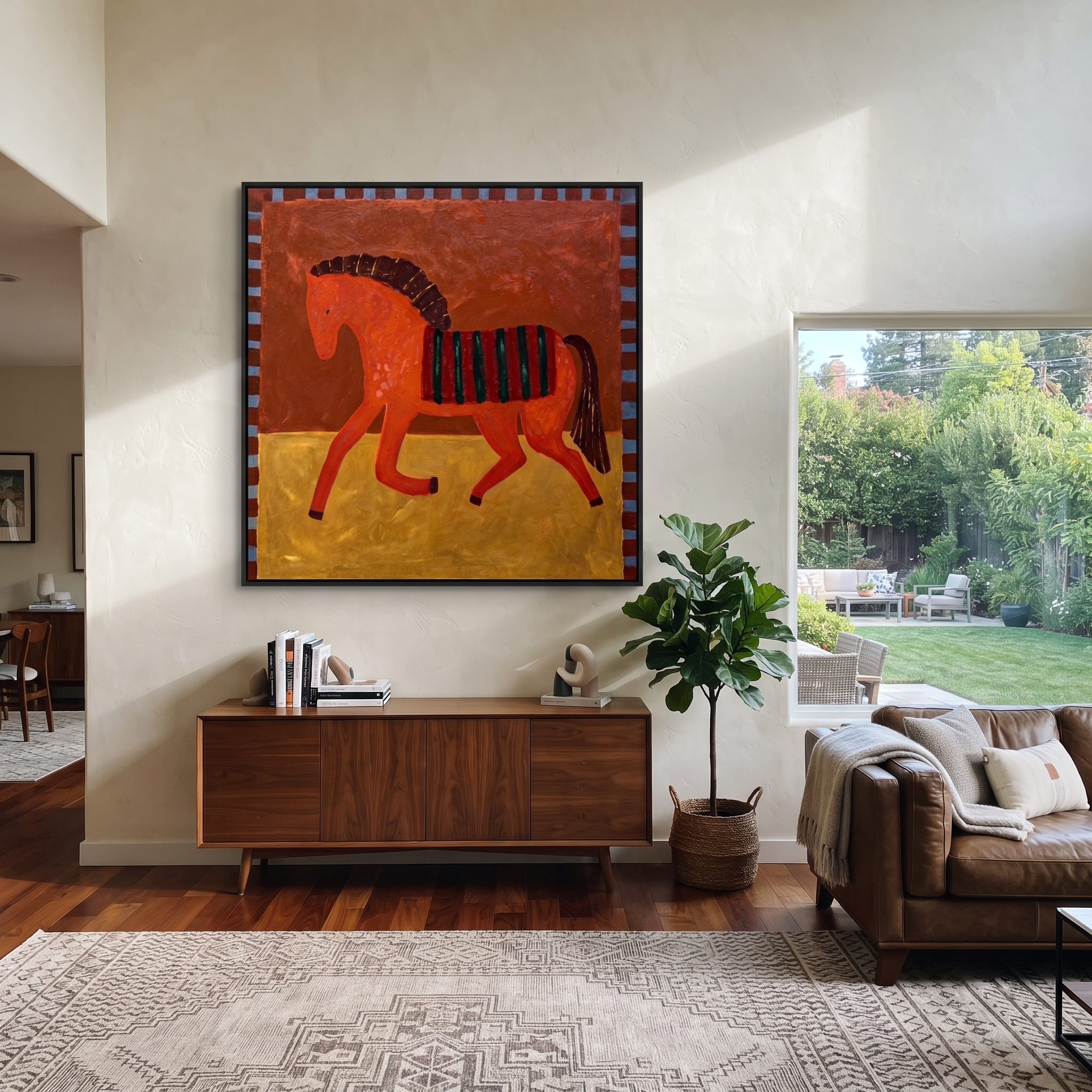 Coral Horse Walks Gold - striped folk horse painting by Isabelle Laurent, modern Western square wall art – styled room scene view 1