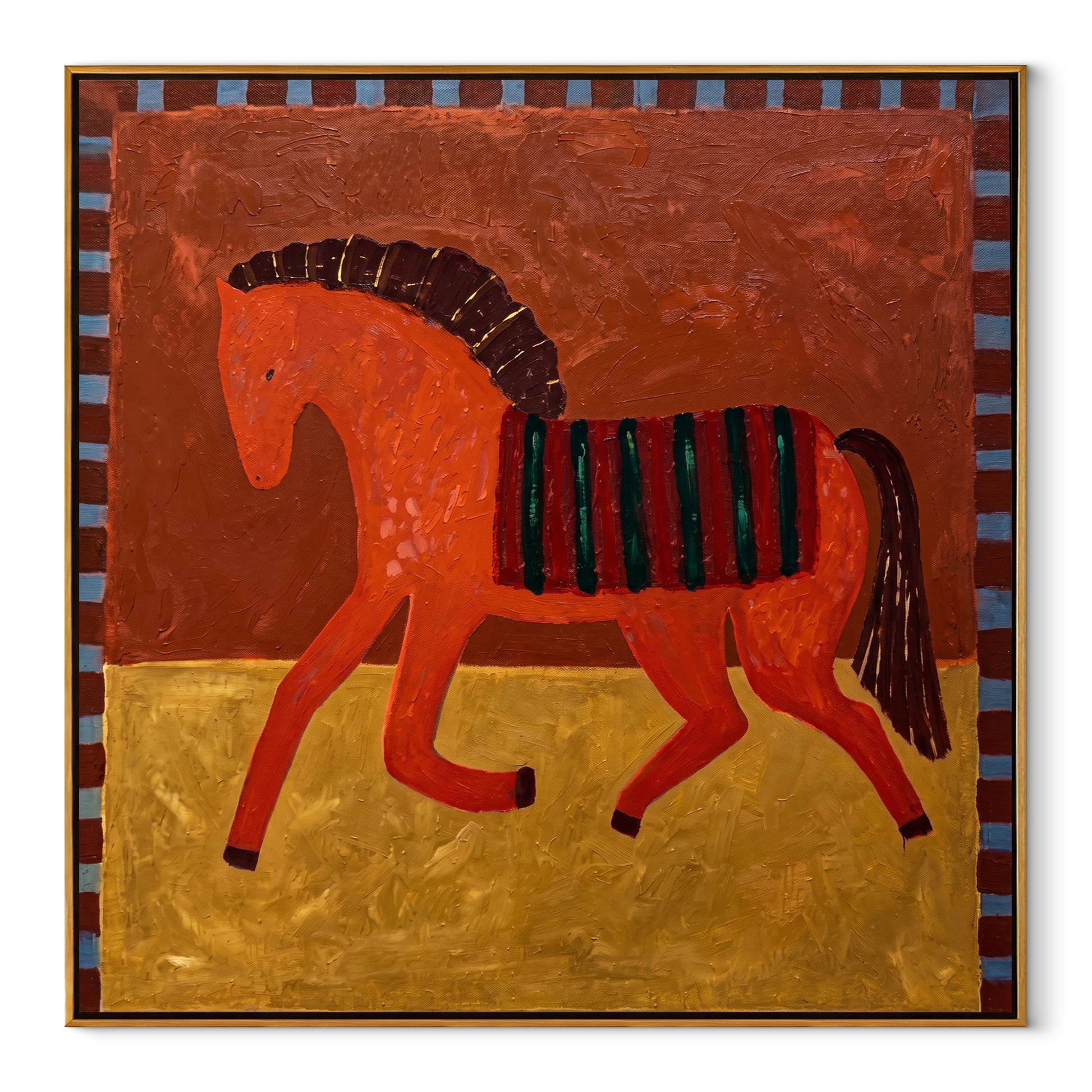 Coral Horse Walks Gold - striped folk horse painting by Isabelle Laurent, modern Western square wall art – wood frame on white background