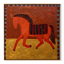 Coral Horse Walks Gold - striped folk horse painting by Isabelle Laurent, modern Western square wall art – wood frame on white background