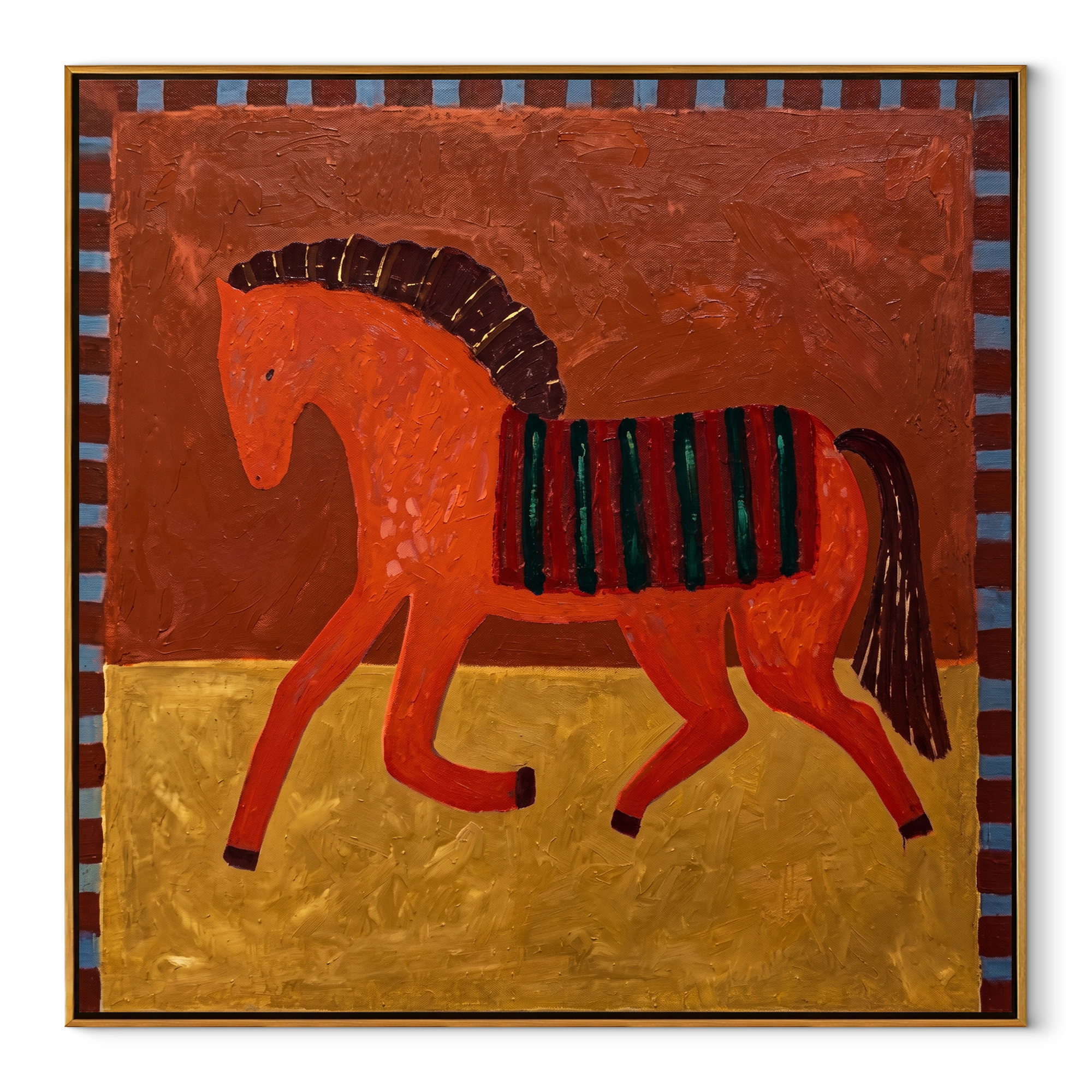 Coral Horse Walks Gold - striped folk horse painting by Isabelle Laurent, modern Western square wall art – wood frame on white background