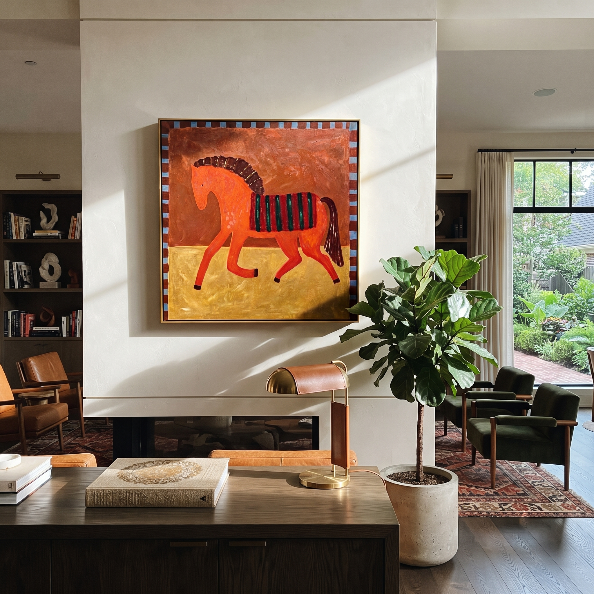 Coral Horse Walks Gold - striped folk horse painting by Isabelle Laurent, modern Western square wall art – styled room scene view 2