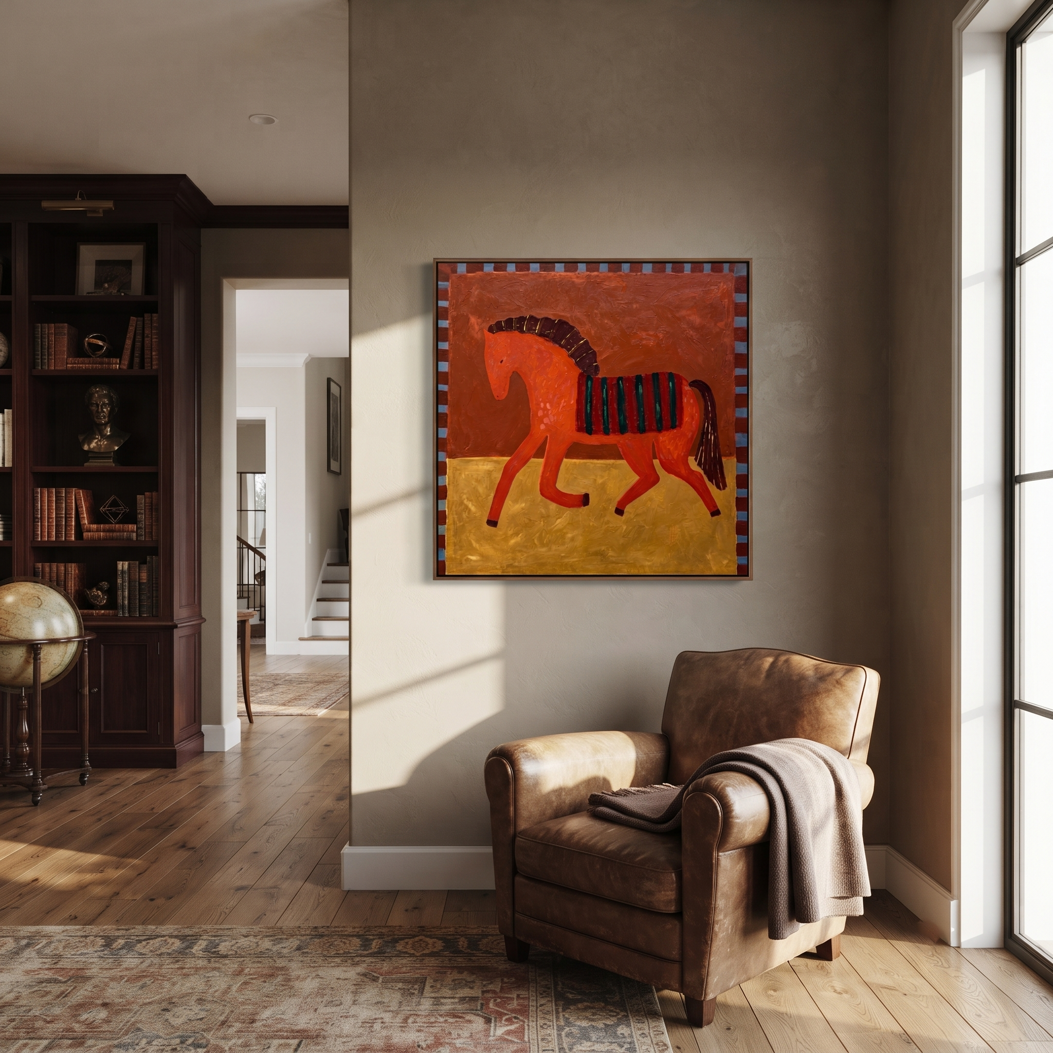 Coral Horse Walks Gold - striped folk horse painting by Isabelle Laurent, modern Western square wall art – styled room scene view 3