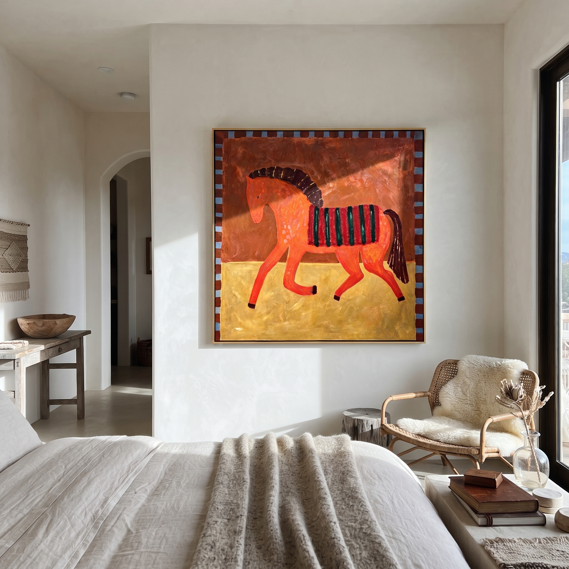Coral Horse Walks Gold - striped folk horse painting by Isabelle Laurent, modern Western square wall art – styled room scene view 4