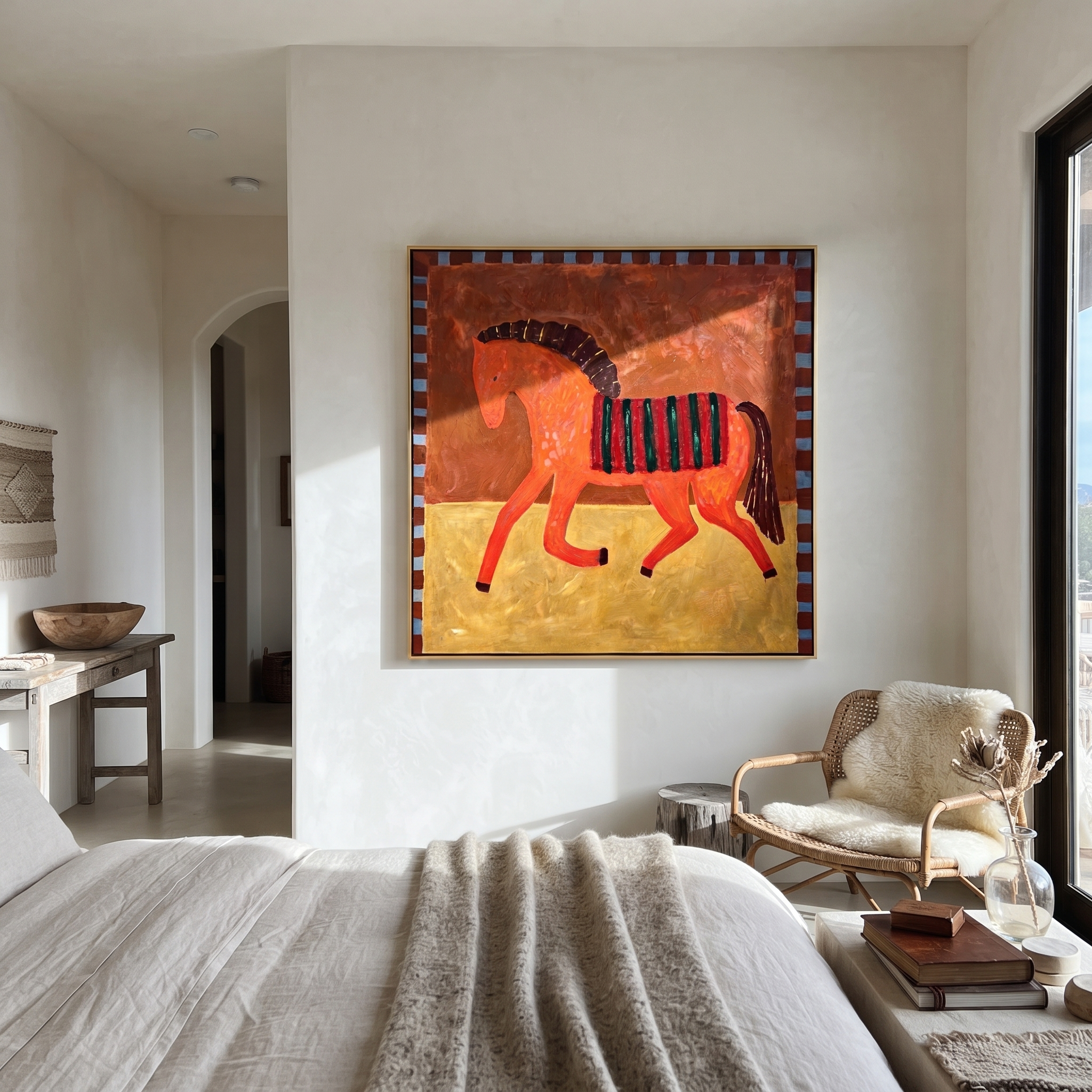 Coral Horse Walks Gold - striped folk horse painting by Isabelle Laurent, modern Western square wall art – styled room scene view 4