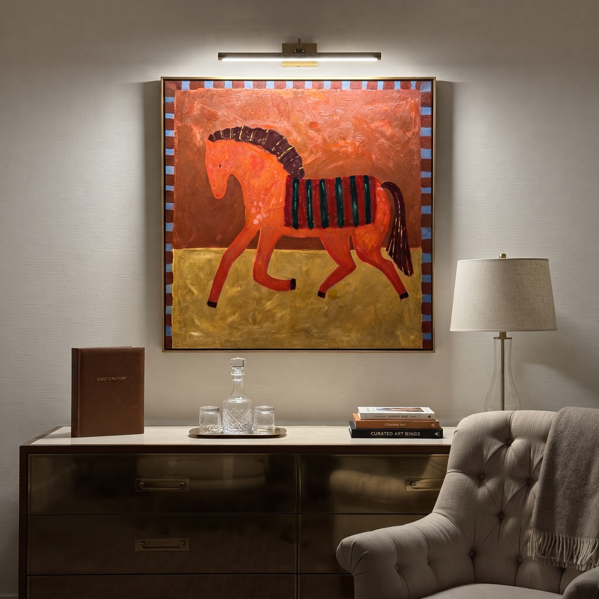 Coral Horse Walks Gold - striped folk horse painting by Isabelle Laurent, modern Western square wall art – styled room scene view 5