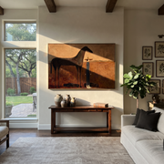 Tall Horse Guards Rest - horse and standing rider painting by Isabelle Laurent, modern Western horizontal wall art – styled room scene view 1