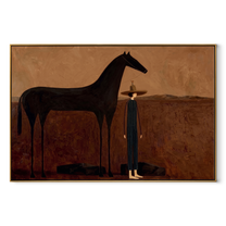 Tall Horse Guards Rest - horse and standing rider painting by Isabelle Laurent, modern Western horizontal wall art – wood frame on white background