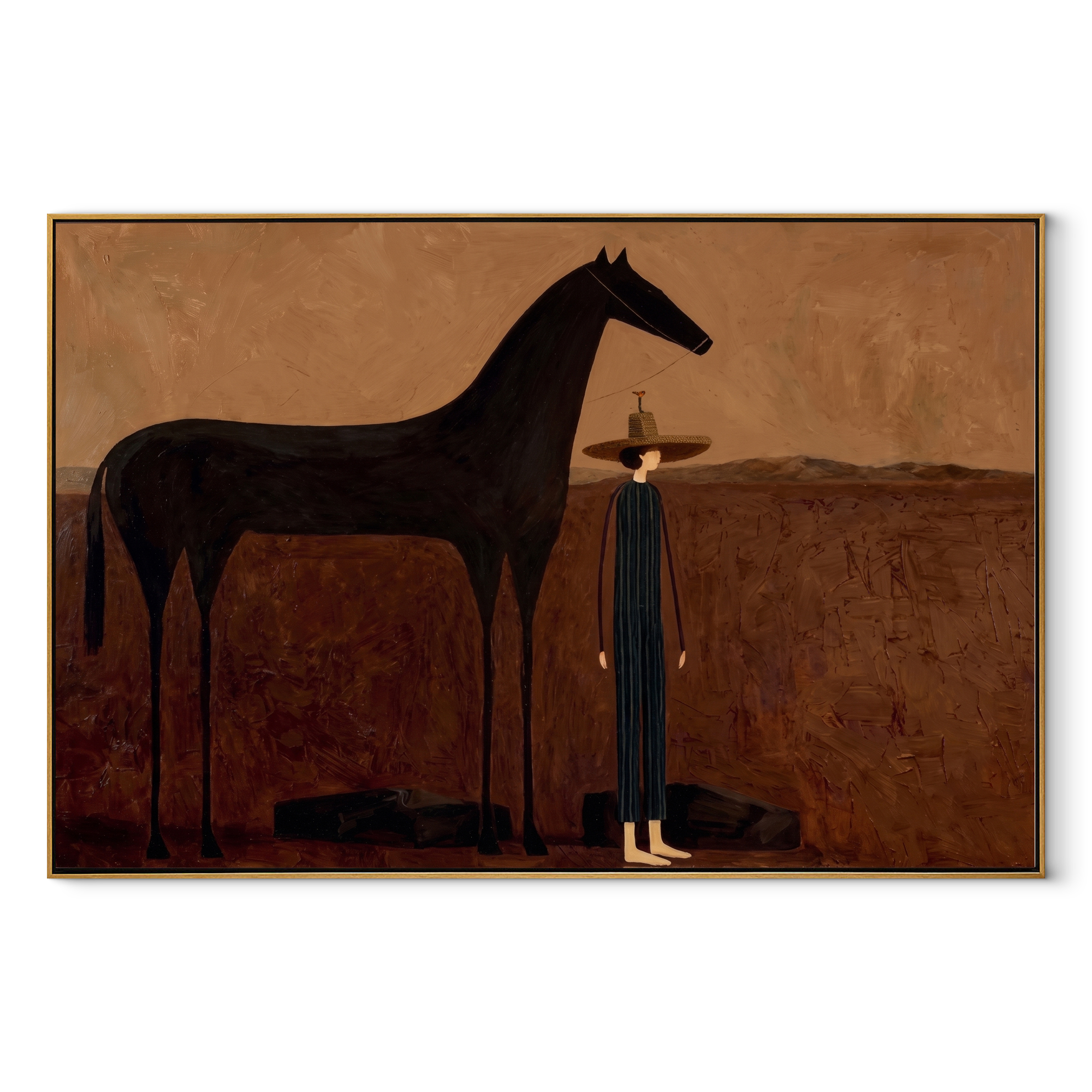 Tall Horse Guards Rest - horse and standing rider painting by Isabelle Laurent, modern Western horizontal wall art – wood frame on white background