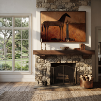 Tall Horse Guards Rest - horse and standing rider painting by Isabelle Laurent, modern Western horizontal wall art – styled room scene view 2