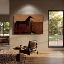 Tall Horse Guards Rest - horse and standing rider painting by Isabelle Laurent, modern Western horizontal wall art – styled room scene view 3