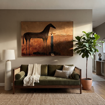 Tall Horse Guards Rest - horse and standing rider painting by Isabelle Laurent, modern Western horizontal wall art – styled room scene view 4