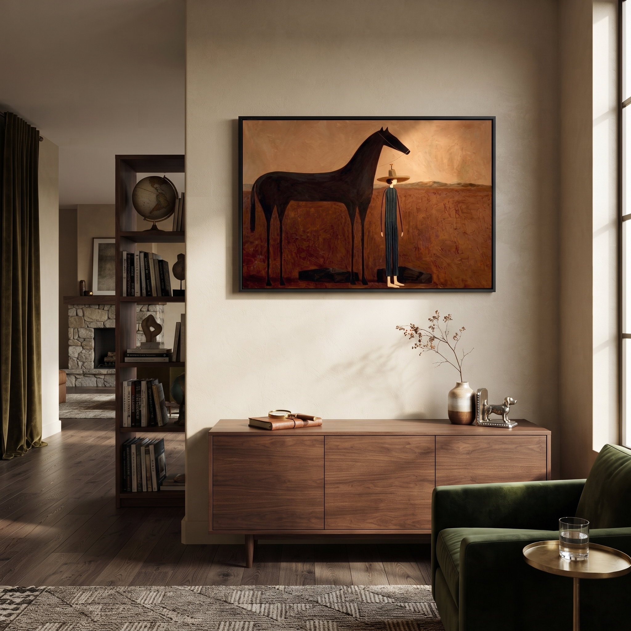 Tall Horse Guards Rest - horse and standing rider painting by Isabelle Laurent, modern Western horizontal wall art – styled room scene view 5