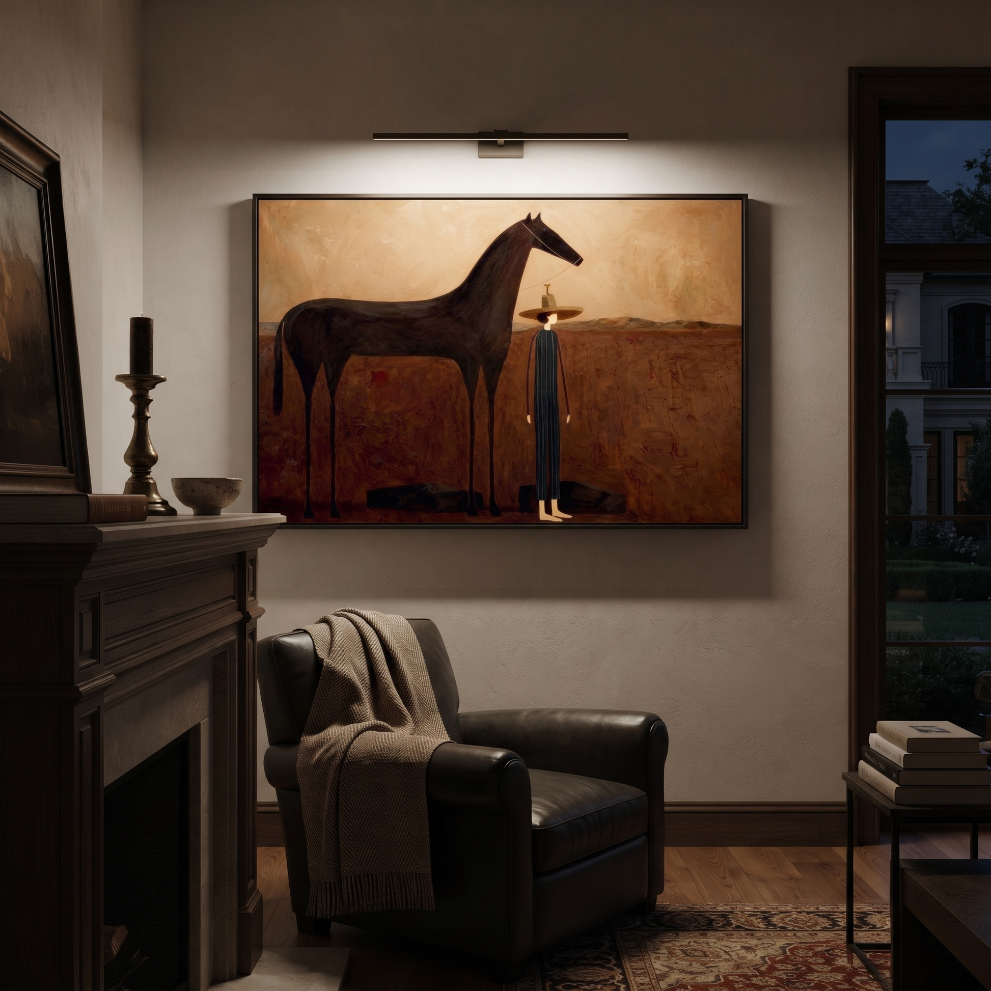 Tall Horse Guards Rest - horse and standing rider painting by Isabelle Laurent, modern Western horizontal wall art – styled room scene view 6