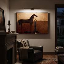 Tall Horse Guards Rest - horse and standing rider painting by Isabelle Laurent, modern Western horizontal wall art – styled room scene view 6