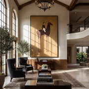 White Breeches Ride Dapples - spotted horse rider painting by Isabelle Laurent, modern Western vertical wall art – styled room scene view 1