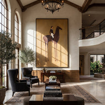 White Breeches Ride Dapples - spotted horse rider painting by Isabelle Laurent, modern Western vertical wall art – styled room scene view 1