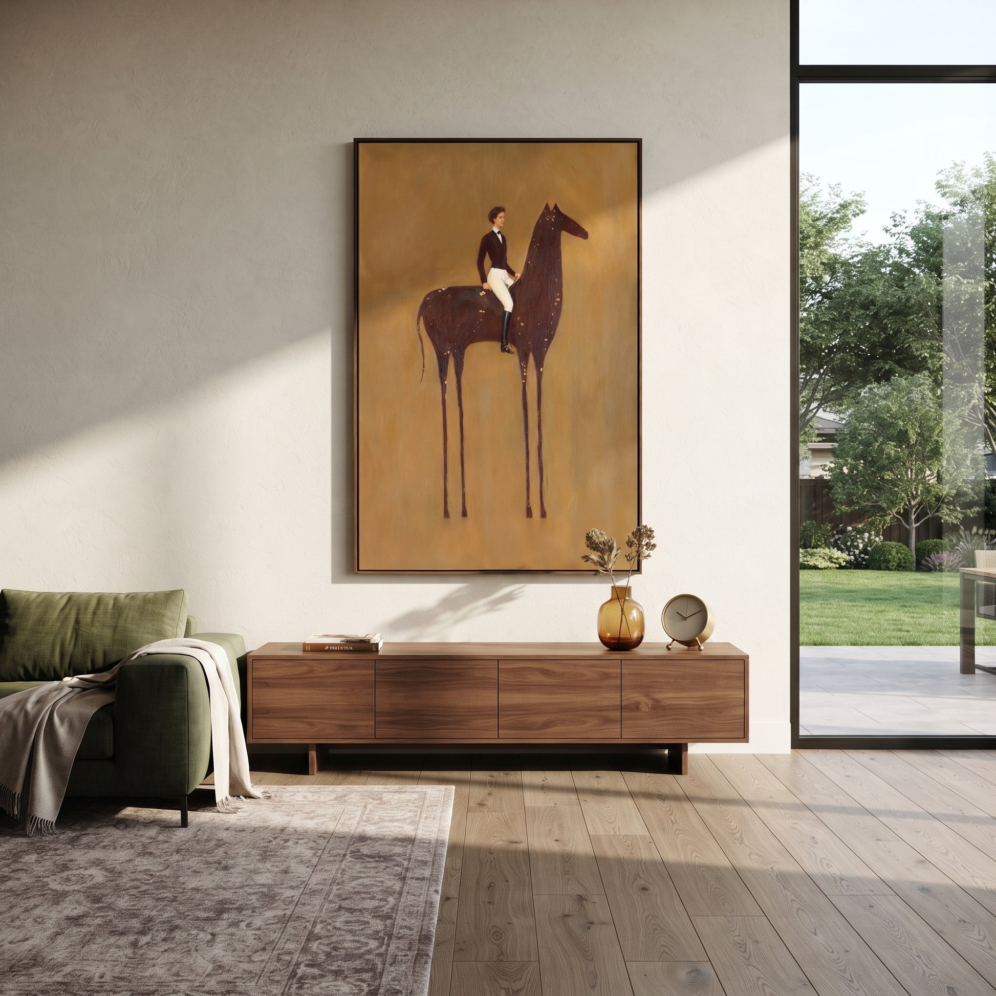 White Breeches Ride Dapples - spotted horse rider painting by Isabelle Laurent, modern Western vertical wall art – styled room scene view 2