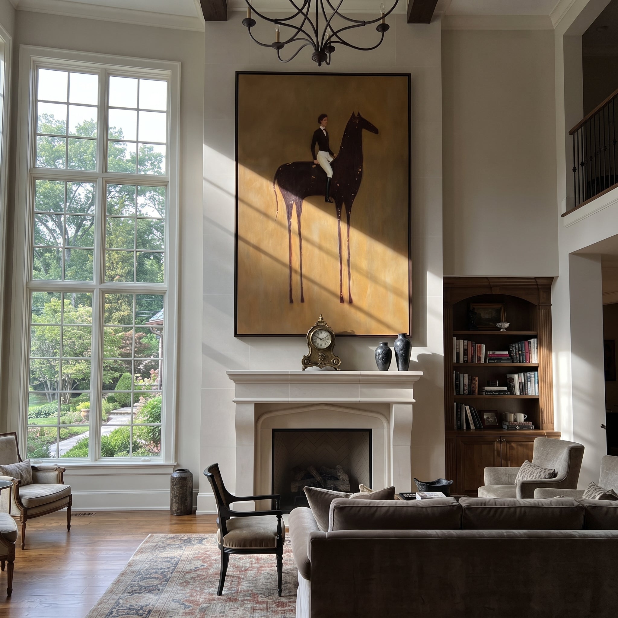 White Breeches Ride Dapples - spotted horse rider painting by Isabelle Laurent, modern Western vertical wall art – styled room scene view 3