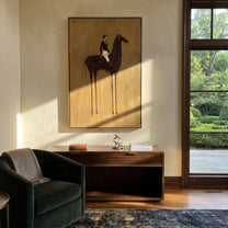 White Breeches Ride Dapples - spotted horse rider painting by Isabelle Laurent, modern Western vertical wall art – styled room scene view 4