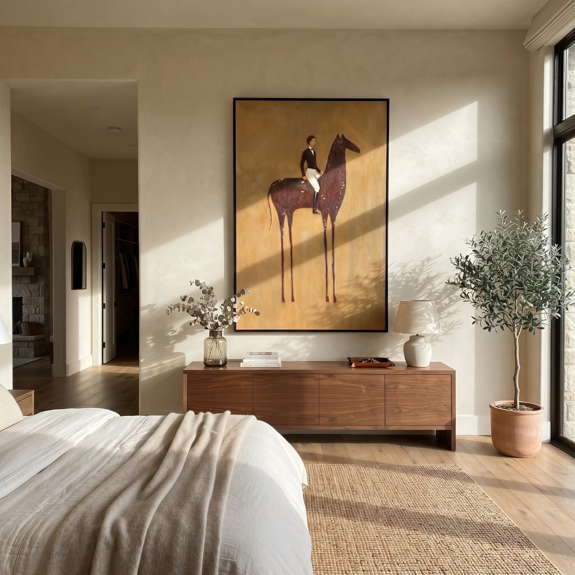 White Breeches Ride Dapples - spotted horse rider painting by Isabelle Laurent, modern Western vertical wall art – styled room scene view 5