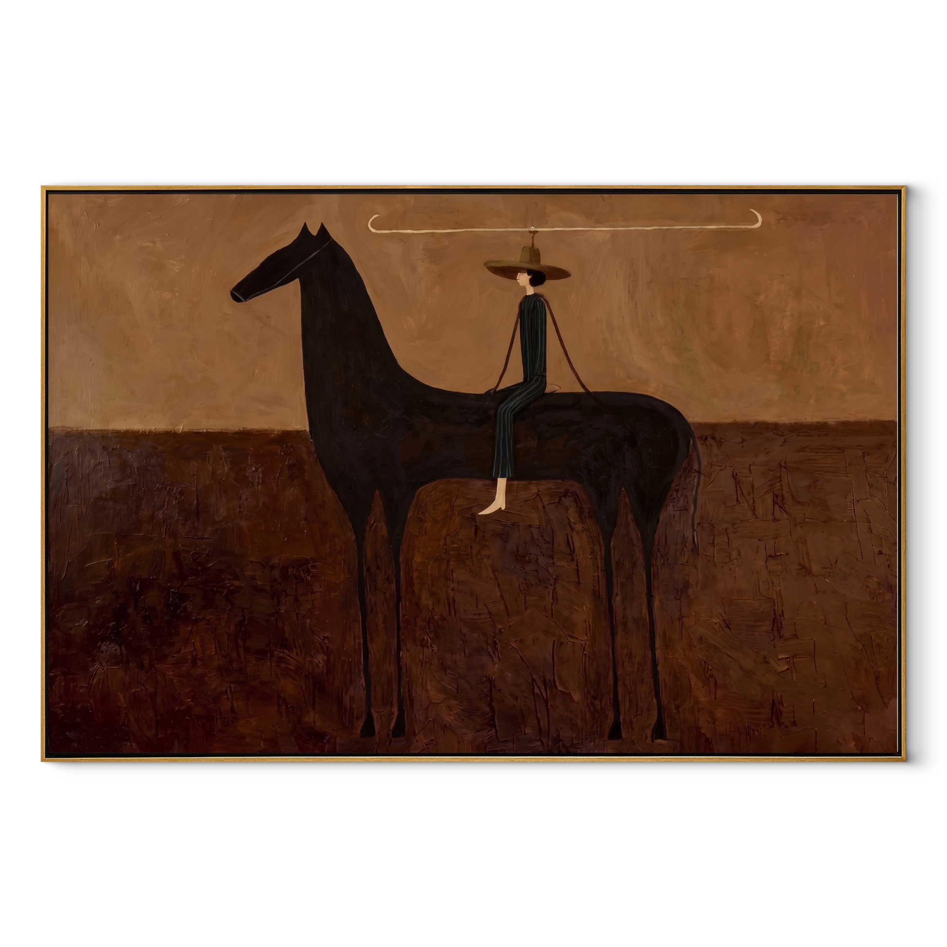 Wide Brim Measures Distance - black horse rider painting by Isabelle Laurent, modern Western horizontal wall art – wood frame on white background