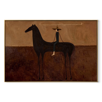 Wide Brim Measures Distance - black horse rider painting by Isabelle Laurent, modern Western horizontal wall art – wood frame on white background