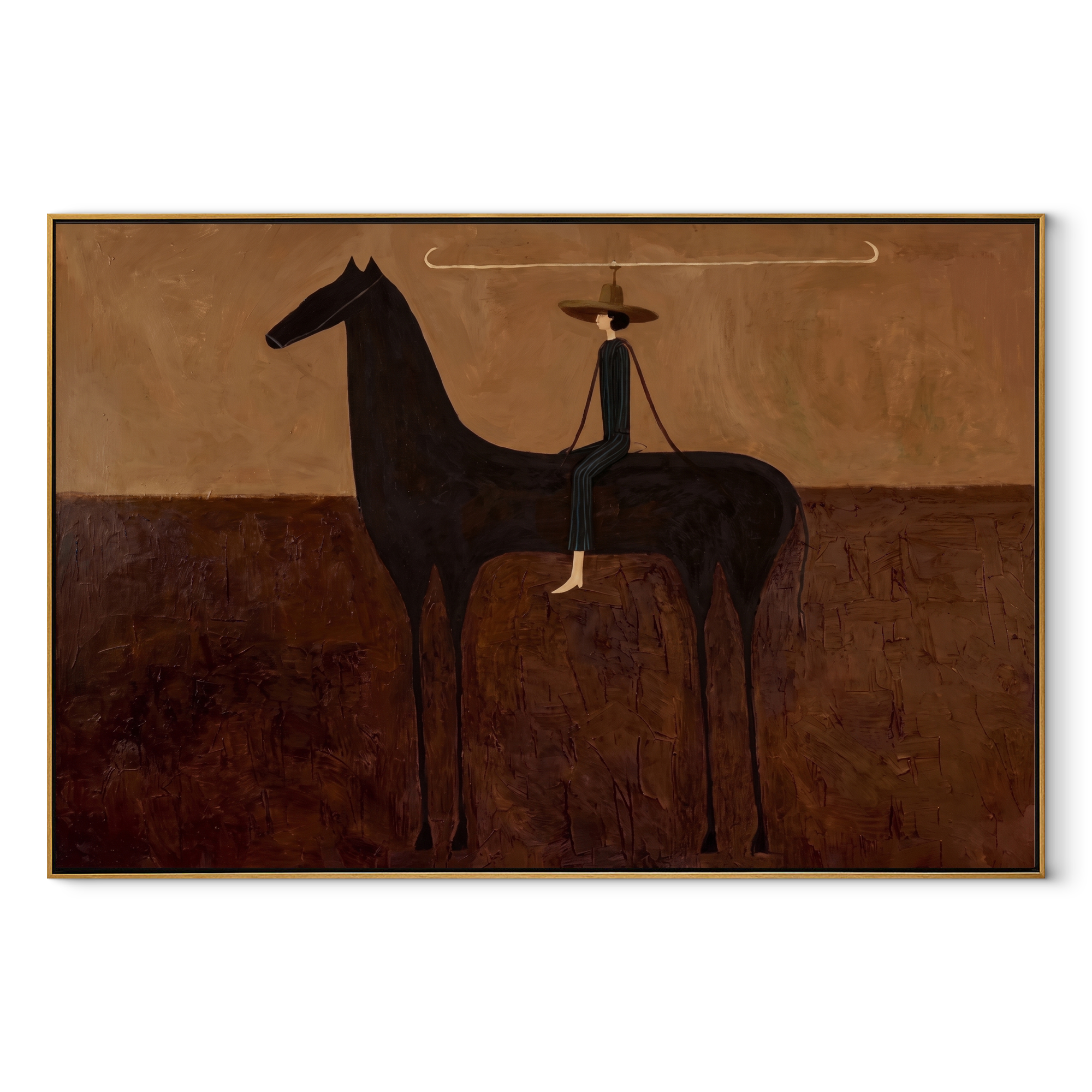 Wide Brim Measures Distance - black horse rider painting by Isabelle Laurent, modern Western horizontal wall art – wood frame on white background