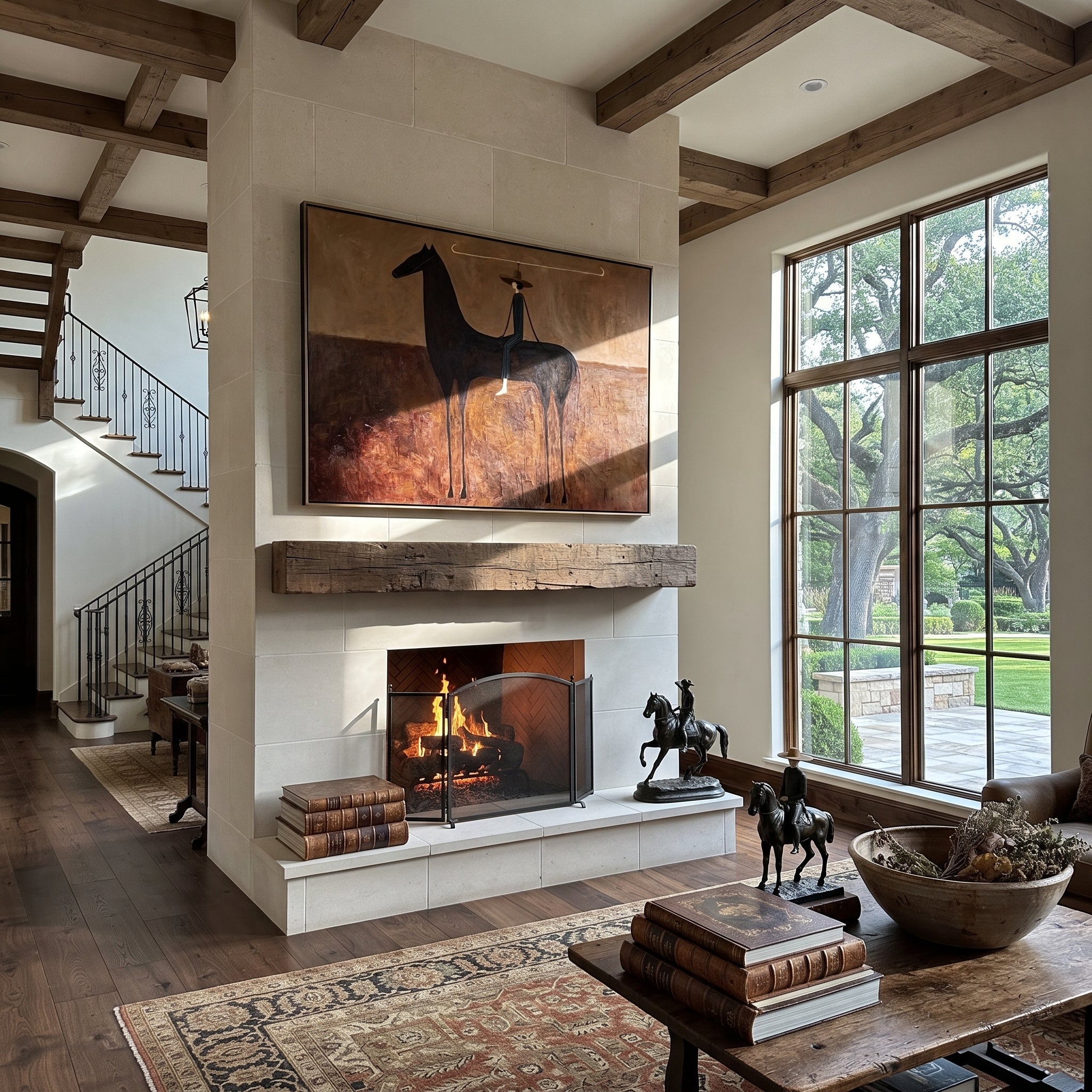 Wide Brim Measures Distance - black horse rider painting by Isabelle Laurent, modern Western horizontal wall art – styled room scene view 2