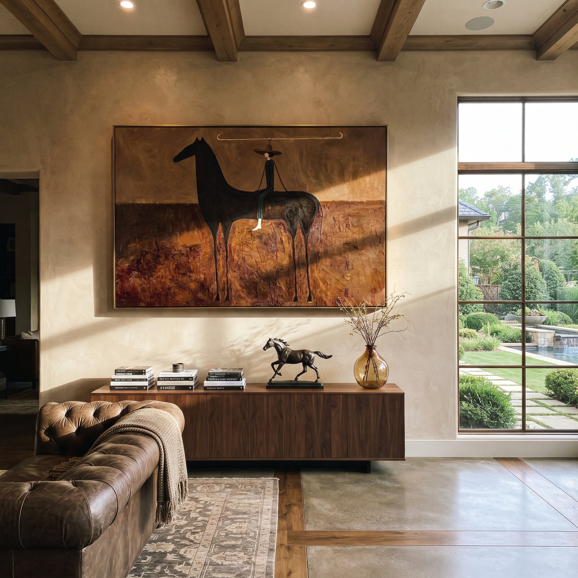 Wide Brim Measures Distance - black horse rider painting by Isabelle Laurent, modern Western horizontal wall art – styled room scene view 3