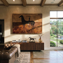 Wide Brim Measures Distance - black horse rider painting by Isabelle Laurent, modern Western horizontal wall art – styled room scene view 3