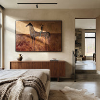 Wide Brim Measures Distance - black horse rider painting by Isabelle Laurent, modern Western horizontal wall art – styled room scene view 4