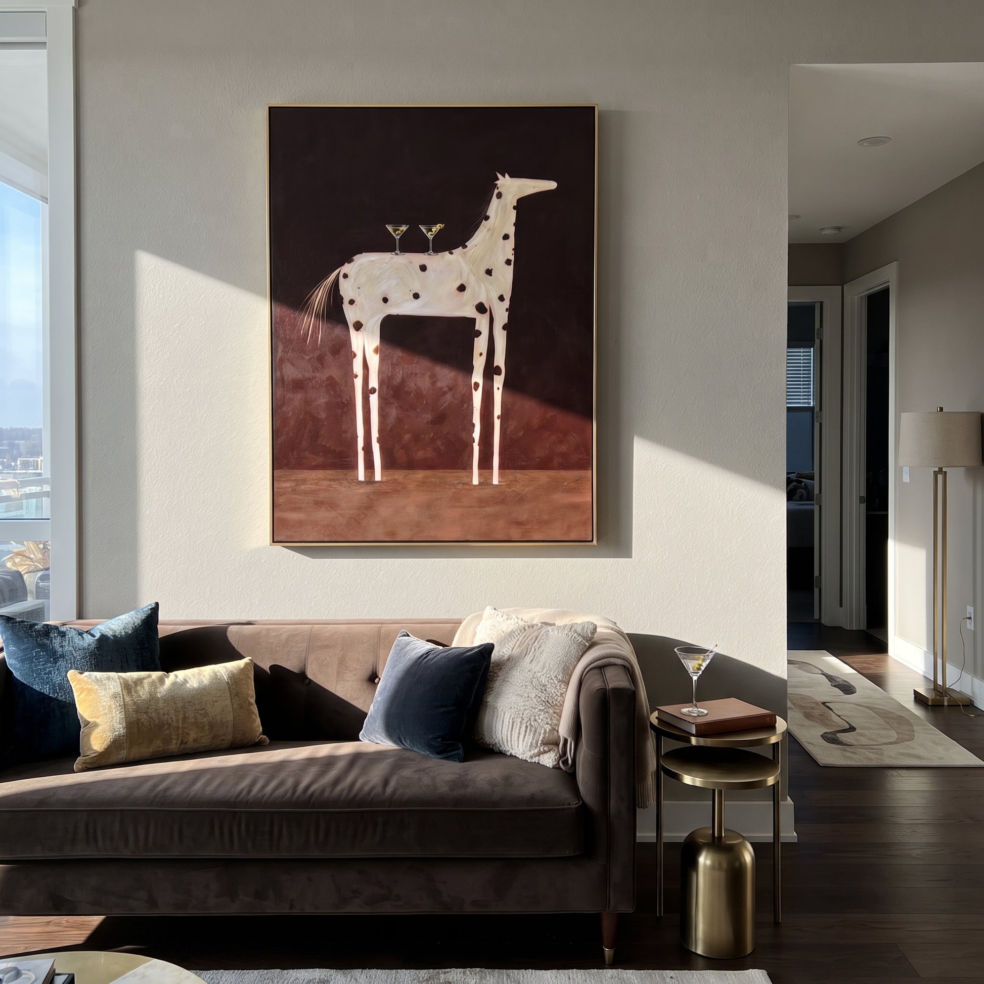 Three Martinis Cross Spots - spotted horse cocktail painting by Isabelle Laurent, modern Western vertical wall art – styled room scene view 1