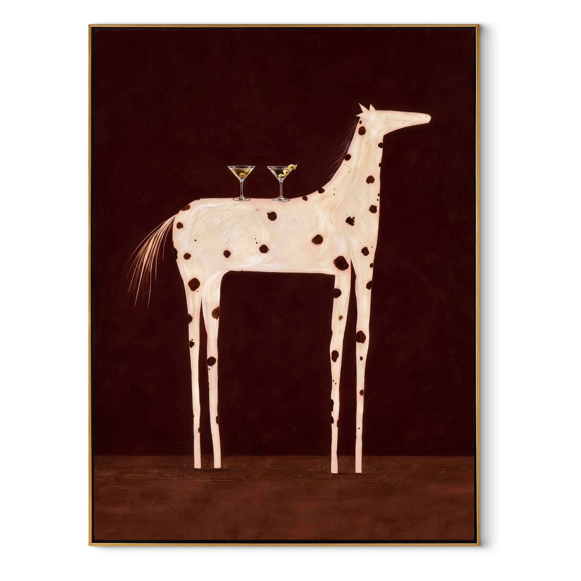 Three Martinis Cross Spots - spotted horse cocktail painting by Isabelle Laurent, modern Western vertical wall art – wood frame on white background