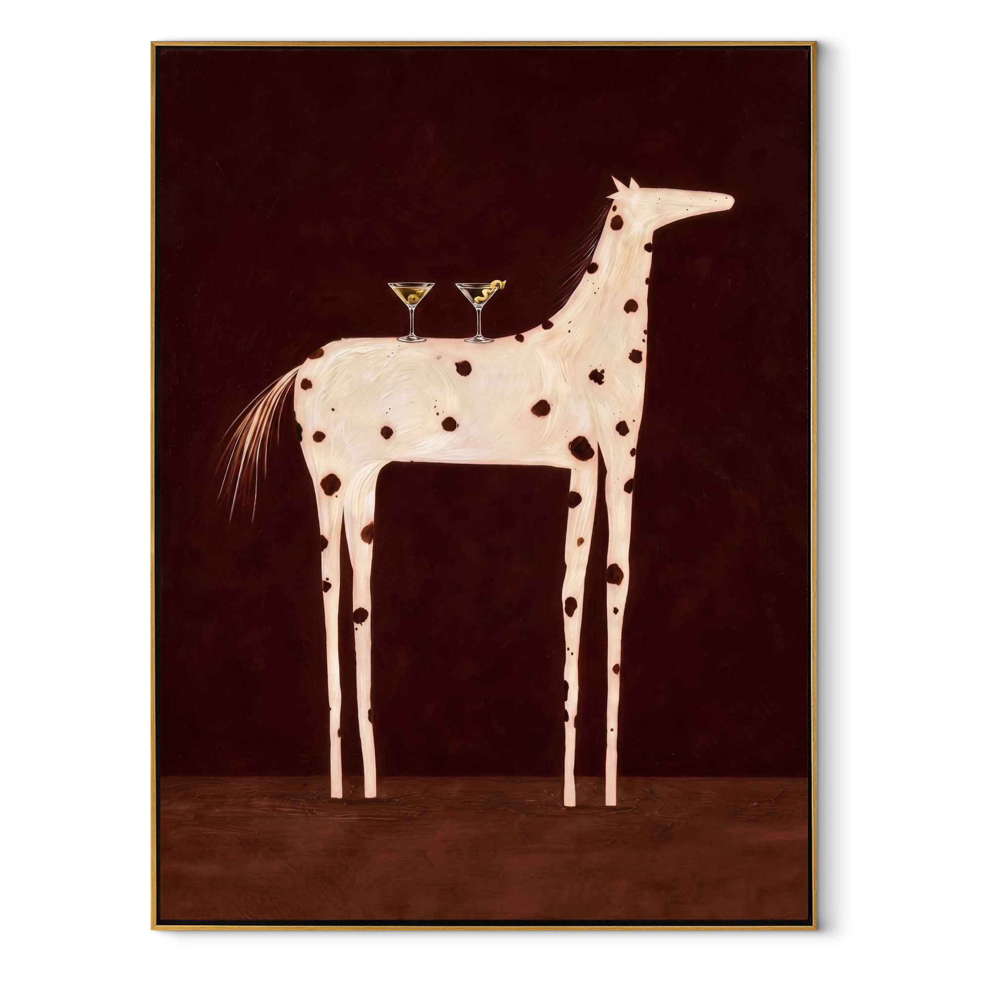 Three Martinis Cross Spots - spotted horse cocktail painting by Isabelle Laurent, modern Western vertical wall art – wood frame on white background