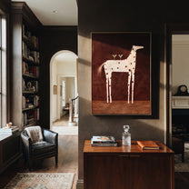 Three Martinis Cross Spots - spotted horse cocktail painting by Isabelle Laurent, modern Western vertical wall art – styled room scene view 2
