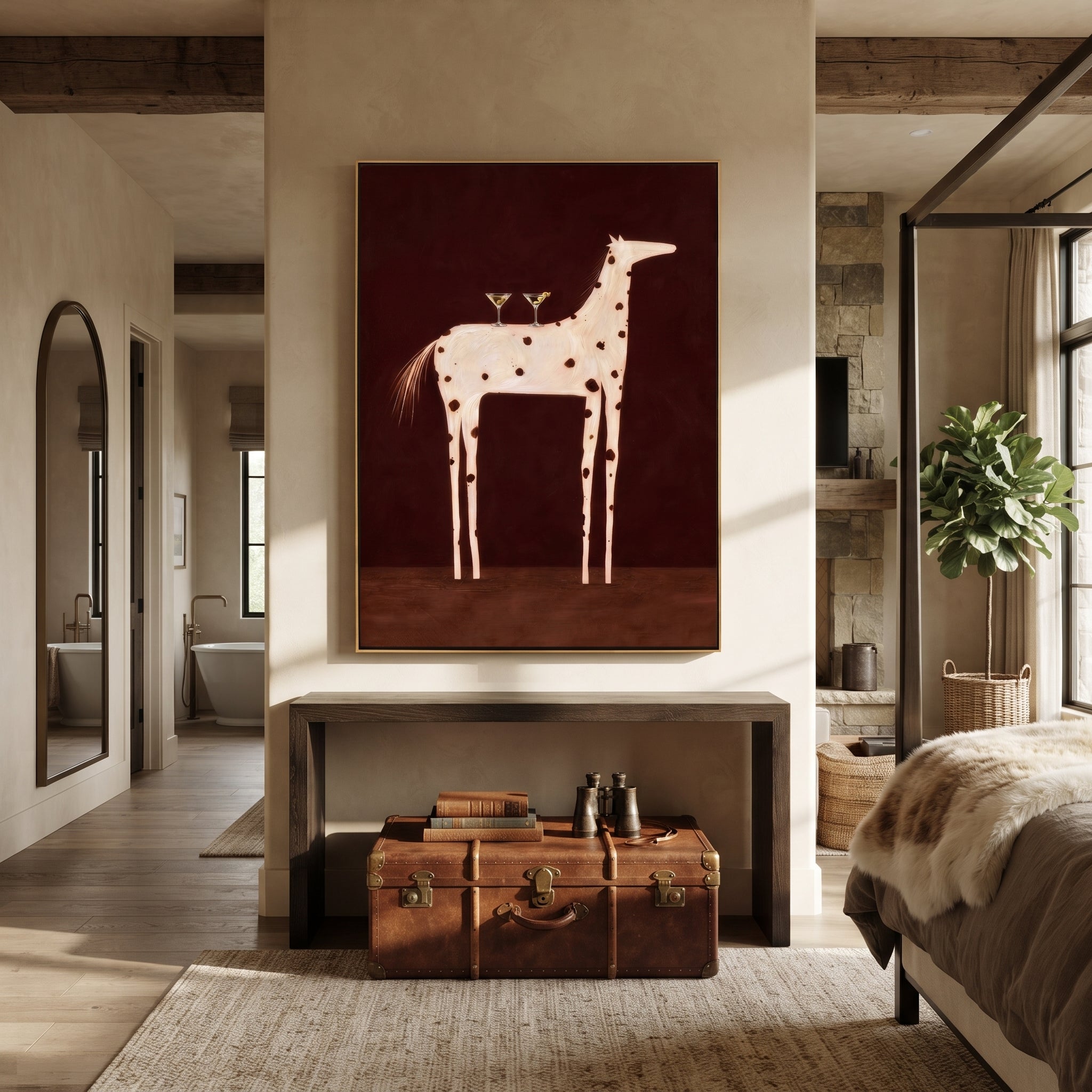 Three Martinis Cross Spots - spotted horse cocktail painting by Isabelle Laurent, modern Western vertical wall art – styled room scene view 3