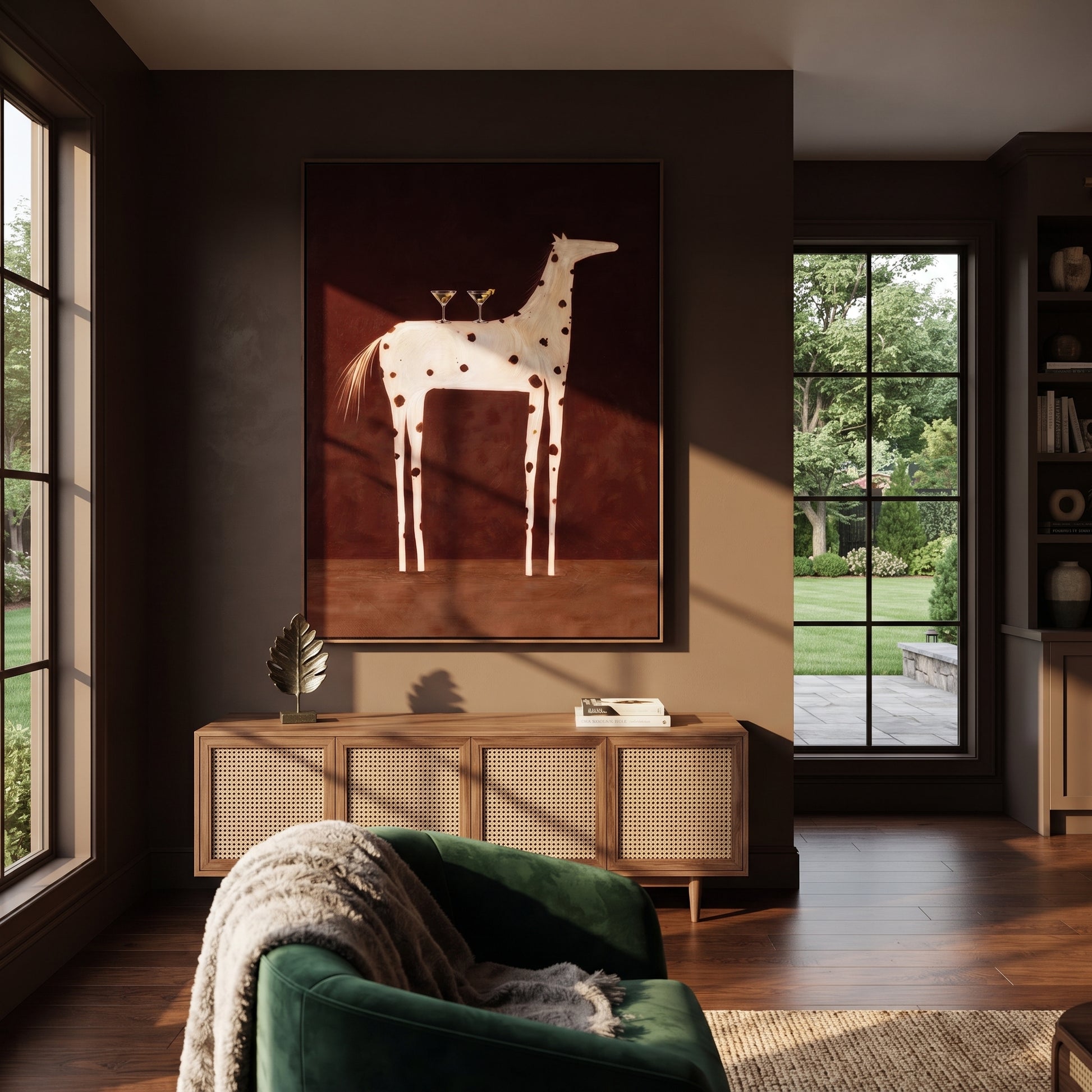 Three Martinis Cross Spots - spotted horse cocktail painting by Isabelle Laurent, modern Western vertical wall art – styled room scene view 4