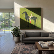 Red Boots Rest Black - reclining rider horse painting by Isabelle Laurent, modern Western square wall art – styled room scene view 1